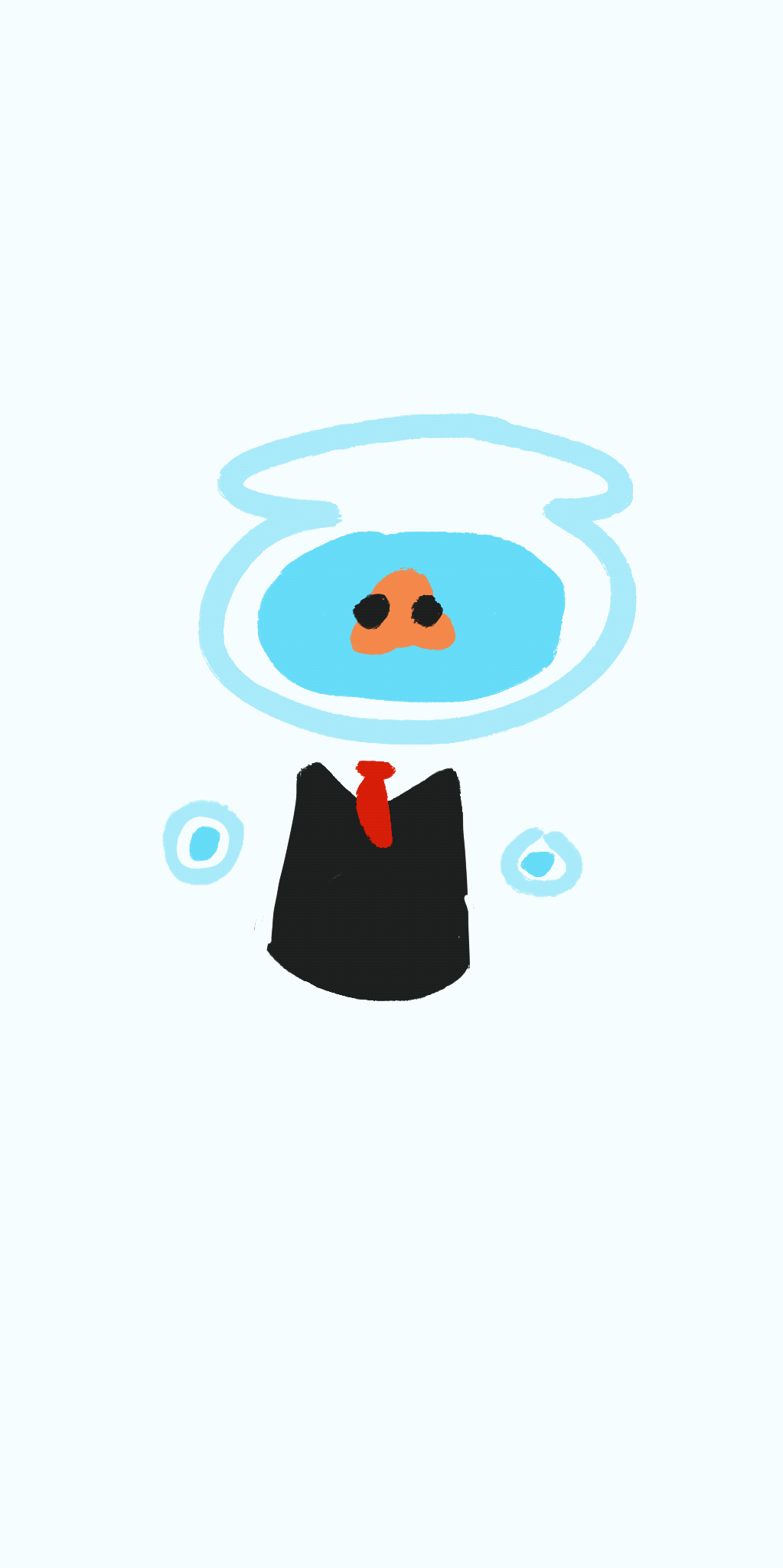 Anthropomorphized fishbowl in a suit spinning in place